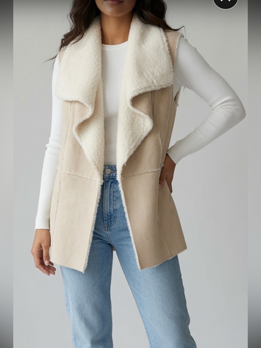 Chico’s Cream Faux Shearling Lined Suede Vest Open Front Draped Collar Sz 2